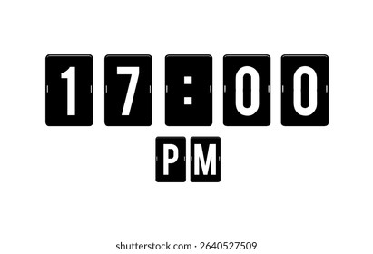 Modern flip clock design showing 17:00 PM on a white background.Perfect for use in editorial designs, infographics, and time management.