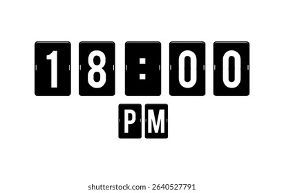 Modern flip clock design showing 18:00 PM on a white background.Perfect for use in editorial designs, infographics, and time management.
