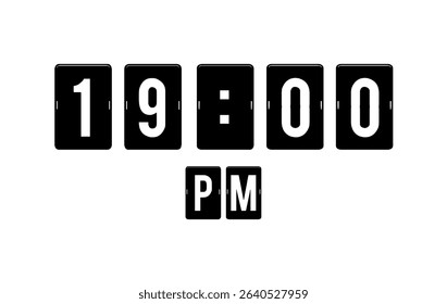 Modern flip clock design showing 19:00 PM on a white background.Perfect for use in editorial designs, infographics, and time management.
