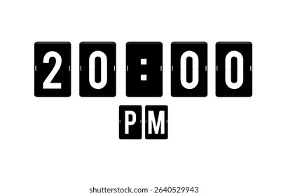 Modern flip clock design showing 20:00 PM on a white background.Perfect for use in editorial designs, infographics, and time management.