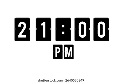 Modern flip clock design showing 21:00 PM on a white background.Perfect for use in editorial designs, infographics, and time management.