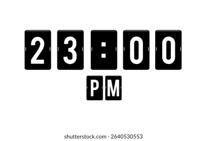 Modern flip clock design showing 23:00 PM on a white background.Perfect for use in editorial designs, infographics, and time management.