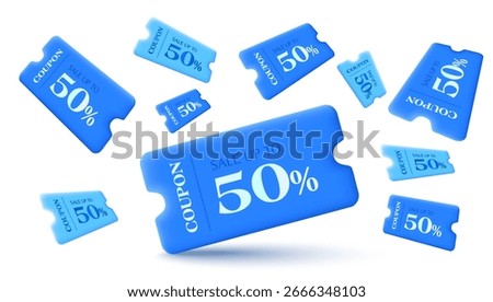 Modern floating blue coupon tickets with Sale Up to 50% text, isolated white background, ideal for eye-catching promotional banners. Voucher fly in different angle in 3d vector illustration