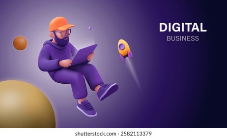 Modern floating person working in a futuristic digital business environment, symbolizing innovation and creativity, as they explore new ideas in space. 3D vector illustration