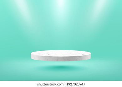 Modern floating white marble cylinder podium with light green empty room and spot light background. Abstract vector rendering 3D shape for advertising products display. Minimal scene studio room.