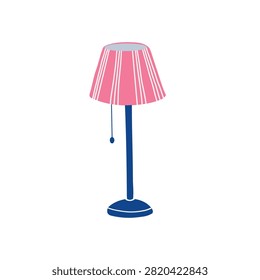 Modern floor lamp with pink and blue lampshade, floor lamp with cozy warm light, stylish modern home decor, isolated on white background, realistic, interior illustration.
