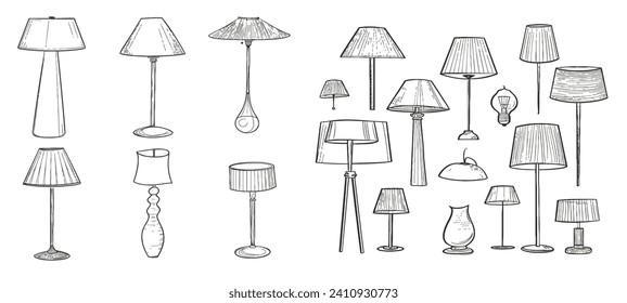 Modern floor lamps for home interior decorations of trendy loft style outline contour lines. Outline of isolated on white background. Monochrome vector illustration.