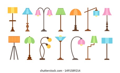 Modern floor lamps with led light bulbs. Standing lampshades. Accent light fixtures for home. Vector flat icon set. Isolated objects on white background