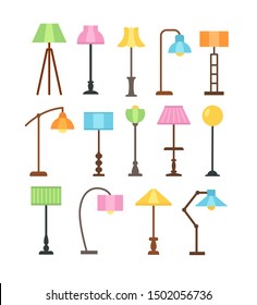 Modern floor lamps with led light bulbs. Standing lampshades. Accent light fixtures for home. Vector flat icon set. Isolated objects on white background