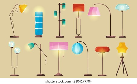 Moderne Bodenleuchten, stilvolle elektrische Beleuchtung für den Wohn- oder Bürobereich. Vektorgrafik-Set mit Beleuchtungszubehör mit Lampenschirmen für Wohn- oder Schlafzimmerdekor einzeln auf Hintergrund