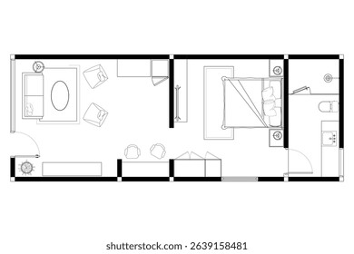 Modern floor plan design of studio type of apartement, line black isolated on white background. Set 2