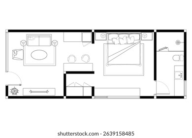 Modern floor plan design of studio type of apartement, line black isolated on white background. Set 1