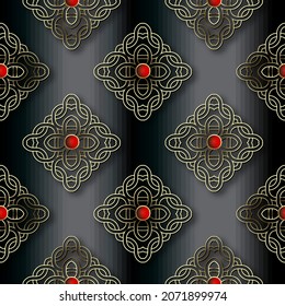 Modern floral 3d seamless pattern. Striped black halftone background. Vector half tone textured backdrop. Red 3d buttons. Vintage lines flowers. Luxury gold line art ornaments. Ornate endless texture.