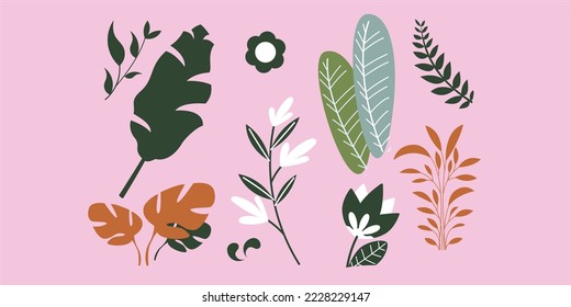 modern floral abstract design components. hand-drawn digital illustration naïve plants in pastel colors. branches, flowers, and leaves. Good for designing logos, cards, flyers, banners, decorations, a