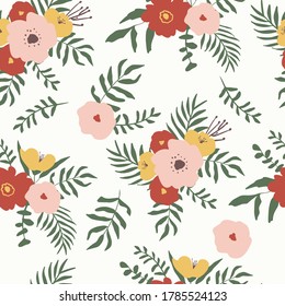 Patrón floral abstracto moderno en color rosa, verde, rojo, terracota. Fondo blanco. Flores dibujadas a mano y hojas. Patrón brillante y transparente. Perfecto para tarjeta de felicitación, publicación en medios sociales, banner.