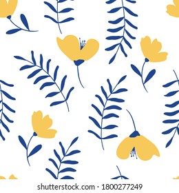 Modern floral abstract pattern in yellow and blue colours.White background. Hand drawn flowers and leaves. Perfect for greeting card, social media post, banner, wrapping paper.