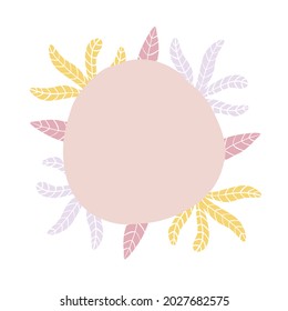 Modern floral abstract wreath in pink, lilac, yellow colours. Soft pink background. Hand drawn different floral elements. Perfect for greeting card, postcard, social media post, banner.