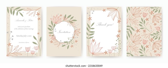 Modernas plantillas de arte floral en tonos beige. Ideal para bodas, duchas de novias y bebés, fiesta de cumpleaños, tarjetas de vacaciones corporativas e invitaciones. Ilustración vectorial.