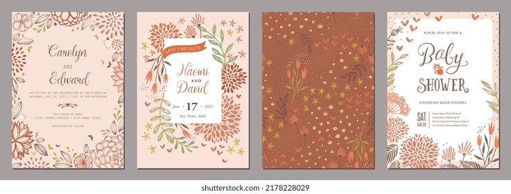 Modern floral autumn artistic templates. Good for wedding, birthday, bridal and baby shower, corporate Holiday cards and invitations.  Vector illustration.