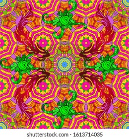 Modern floral background. The elegant the template for fashion prints. Folk style. Amazing seamless floral pattern with bright colorful flowers and leaves on a yellow, red and magenta colors.