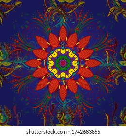 Modern floral background. The elegant the template for fashion prints. Folk style. Amazing seamless floral pattern with bright colorful flowers and leaves on a orange, red and blue colors.