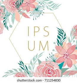 Modern floral background with fantasy roses and peonies with gold geometrical frame for your text. Can be used for wedding, greeting and birthday card, banner, poster design.