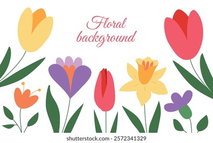 Modern floral background with place for typography. Giant spring and summer flowers. Botanical drawing. Great for greeting cards, banners, flyers, birthday and mom's day greetings. Vector.