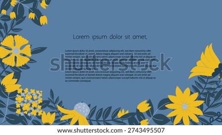 Modern floral banner template with elegant yellow blossoms on a midnight blue background. Clean vector design with blank space for text and branding. Promotional template ideal for marketing, billboard, and digital communication use.