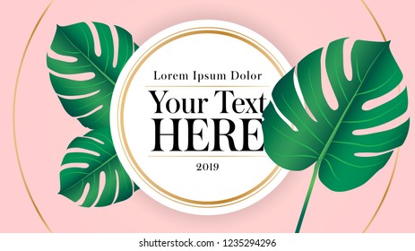 Modern Floral Banner Template - Golden Round Frame Text Message Leaf Illustrations Rose Color Background Vector  - Eps10