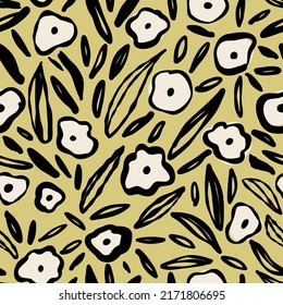 Modern floral batik seamless pattern with sketch and outline flowers and leaves. Vector contemporary repeat. Ivory elements on mustard yellow background.