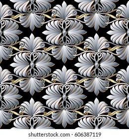 Modern floral black vector seamless pattern background wallpaper illustration with vintage 3d white flowers  and antique ornaments. Elegant surface  3d decor elements with shadows and highlights