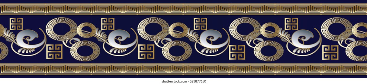 Modern floral border. Vector seamless pattern background wallpaper illustration with gold 3d vintage abstract flowers, greek key, decorative ornaments.