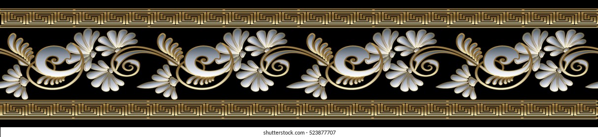 Modern floral border. Vector seamless pattern background wallpaper illustration with gold 3d vintage flowers, greek key, decorative ornaments