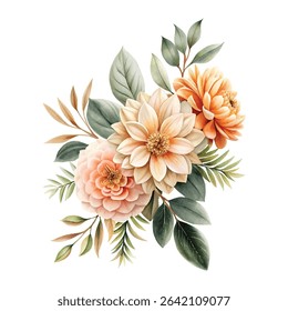 Modern floral corner decoration with peach dahlias and olive branches, flat lay style on white background, wedding stationery concept