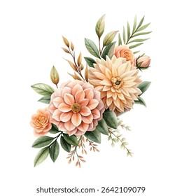 Modern floral corner decoration with peach dahlias and olive branches, flat lay style on white background, wedding stationery concept