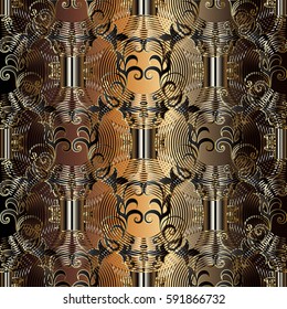 Modern floral damask seamless pattern . Geometric abstract  background wallpaper illustration with vintage antique black and white 3d ornaments, stripes,line art radial circles. Luxury vector texture 