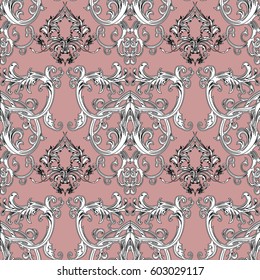 Modern floral Damask seamless pattern. Light pink background wallpaper illustration with vintage black and white  flowers leaves and Baroque ornaments. Vector  luxury  texture for fabric textile