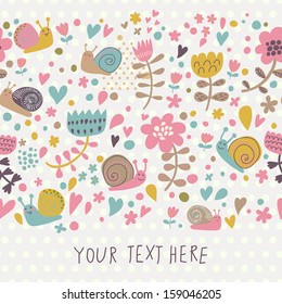 Modern floral design with cute snails in stylish colors. Seamless pattern can be used for wallpapers, pattern fills, web page backgrounds,surface textures. Gorgeous seamless floral background