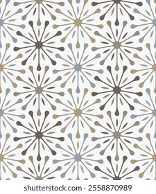 Modern floral design with elegant, abstract brown, beige, and green flowers on a white background. Seamless repeating pattern. Vector illustration.