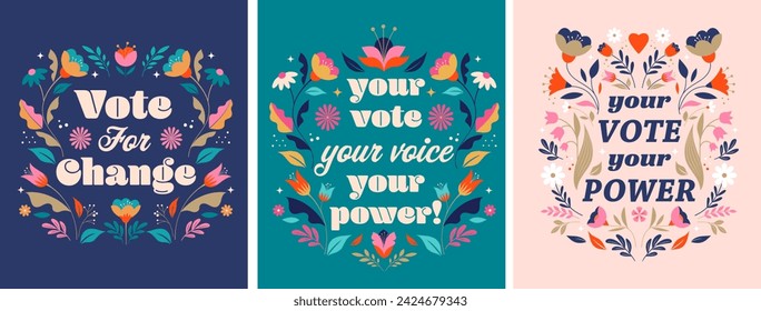 Modern Floral Election campaign concept design. Vote, election social media and print design with lettering and floral illustrations. Vector design