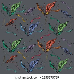 Modern floral exotic print. Collage artistic modern seamless pattern. Hand drawn style. Floral ornament on a gray background. For printing on fabric, banner, cover or business card design.