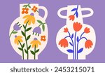 Modern floral flat vector illustration set. Cutout style vase silhouette with flowers pattern. Botanical cute simple clipart