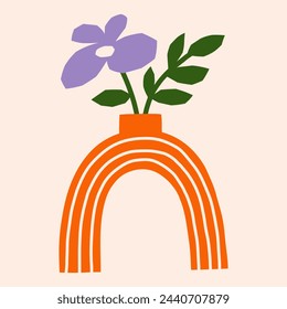 Modern floral flat vector illustration. Cutout style flowers vase. Botanical cute simple clipart