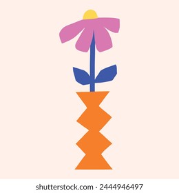 Moderne florale flache Vektorillustration. Ausgeschnittene Blume in Vase. Botanischer niedlicher einfacher Clipart