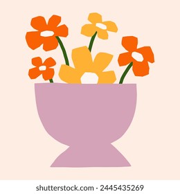 Modern floral flat vector illustration. Cutout style flowers vase. Botanical cute simple clipart