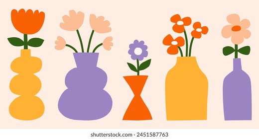 Moderne florale flache Vektorillustration Set. Ausgeschnittene Blumen in Vasen. Botanischer niedlicher einfacher Clipart