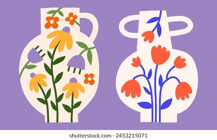 Modern floral flat vector illustration set. Cutout style vase silhouette with flowers pattern. Botanical cute simple clipart