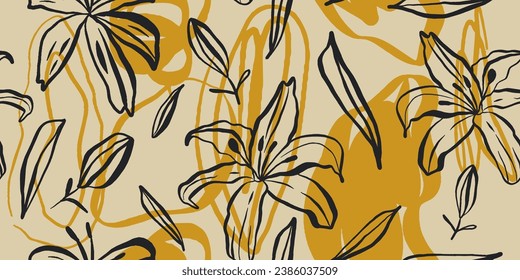 Modern floral with flowers print and abstract forms. Seamless pattern. Hand drawn style.