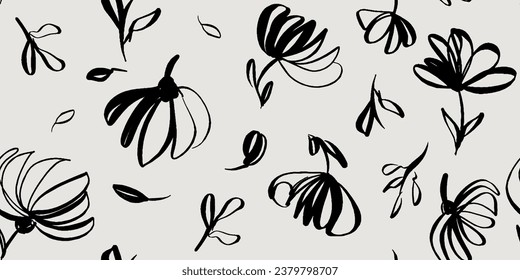 Modern floral with flowers print. Seamless pattern. Hand drawn style. Black and white