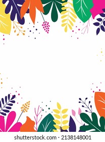 Modern floral frame for banner, background, flyer, poster and instagram feed decorated with colorful leaves and branches.